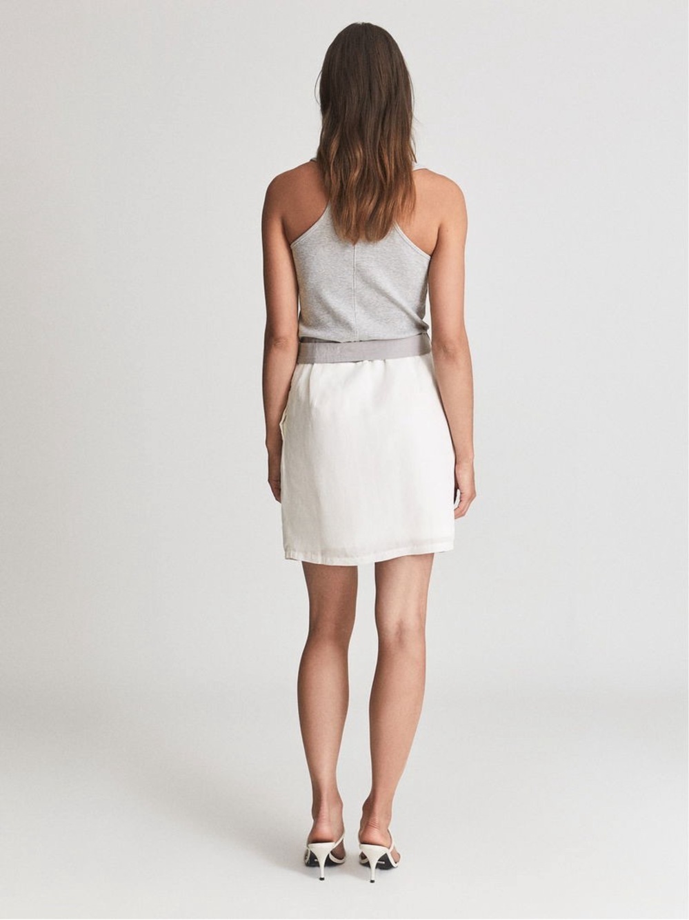 REISS Zeta Mixed Media Racerback Belted Mini Dress Gray White Size 10 - Picture 6 of 8